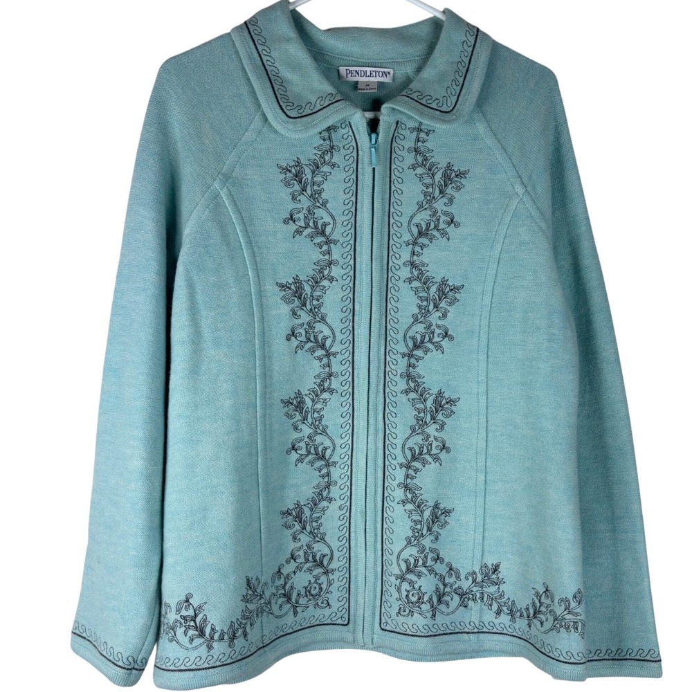 Pendleton Cardigan Sweater Womens Medium Blue Merino Wool Floral Zip Up Jacket